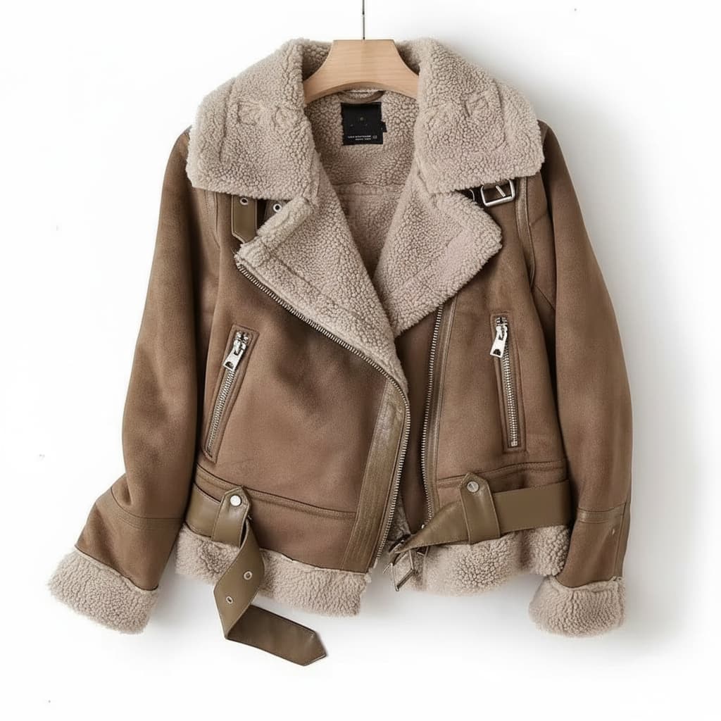 Warm Fitted Shearling Coat with Belt