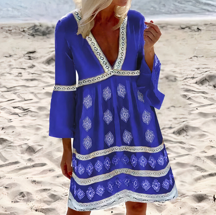 Relaxed Fit V Neck Summer Dress with Ruffles - Nocini