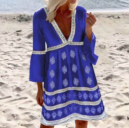 Relaxed Fit V Neck Summer Dress with Ruffles - Nocini