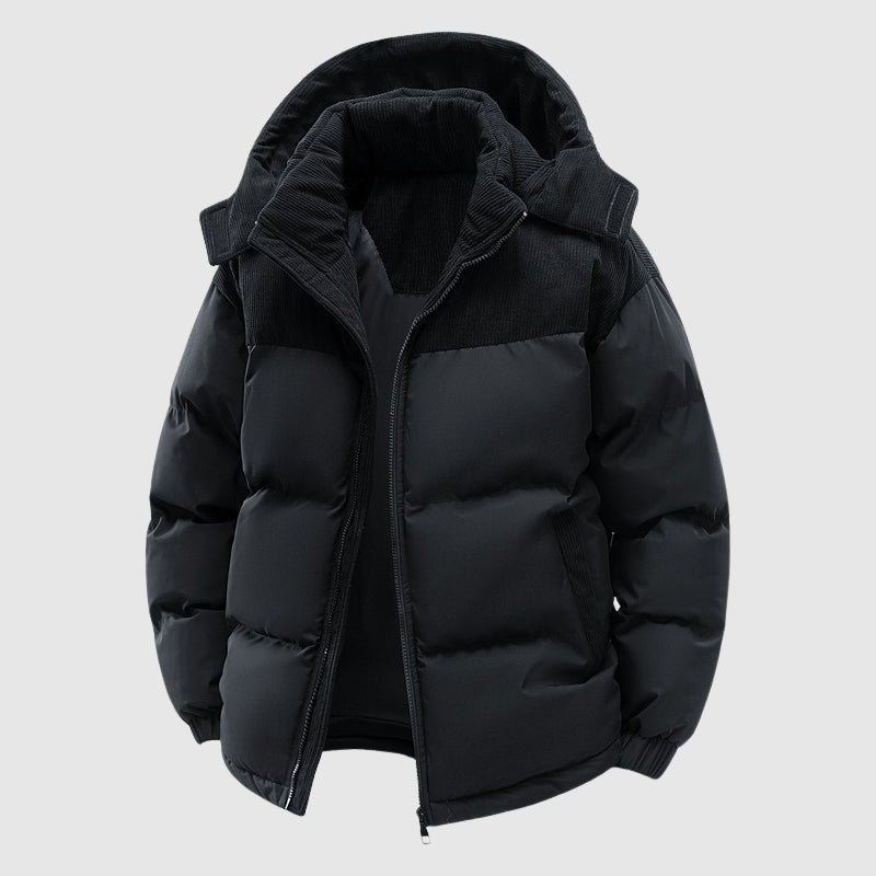 Casual Fit Puffer Coat | Hooded Corduroy Mens Jacket