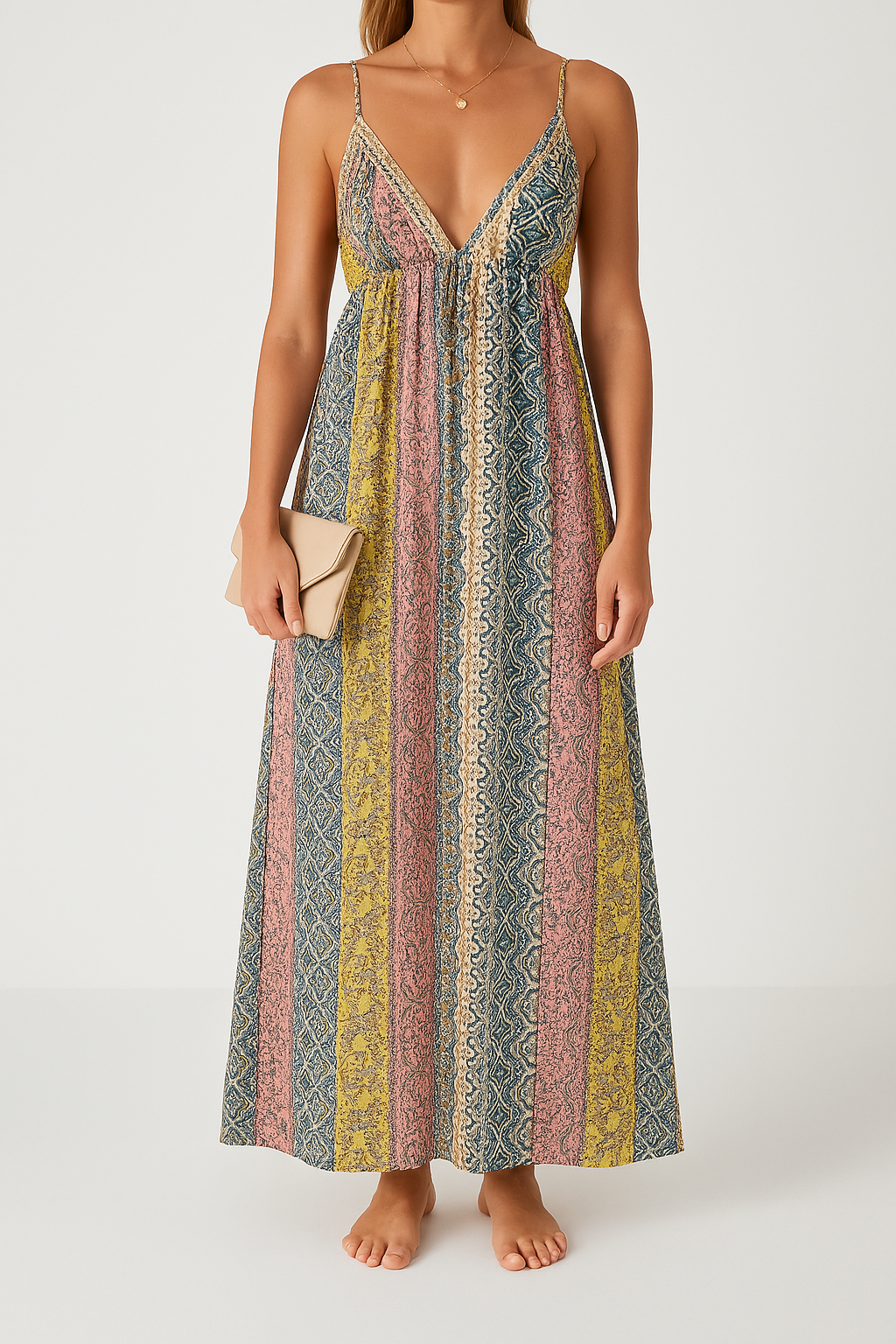 Loose Fit V Neck Maxi Dress with Open Back Design - Nocini