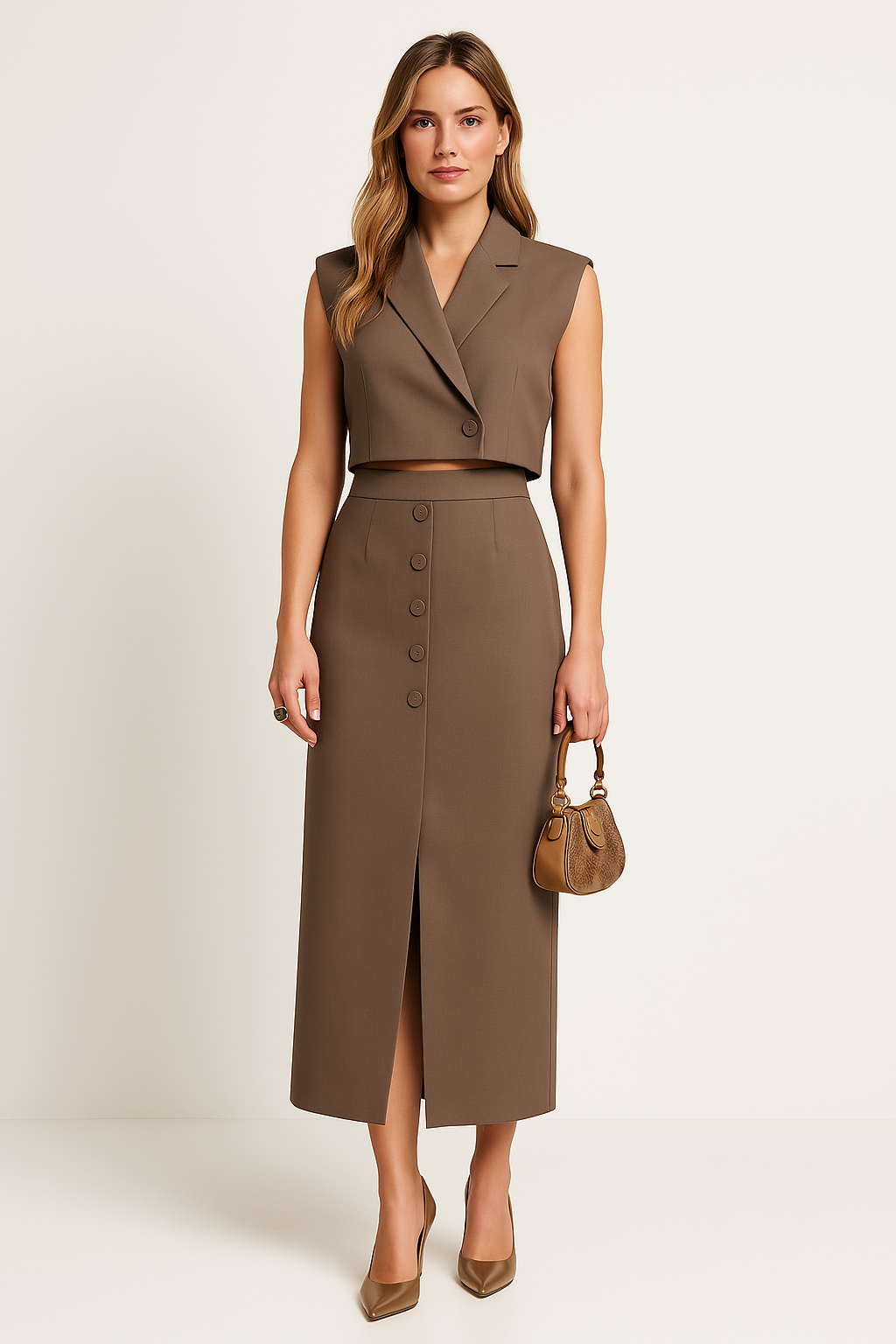 Women's Suit - Fitted Sleeveless Top with Midi Skirt - Nocini