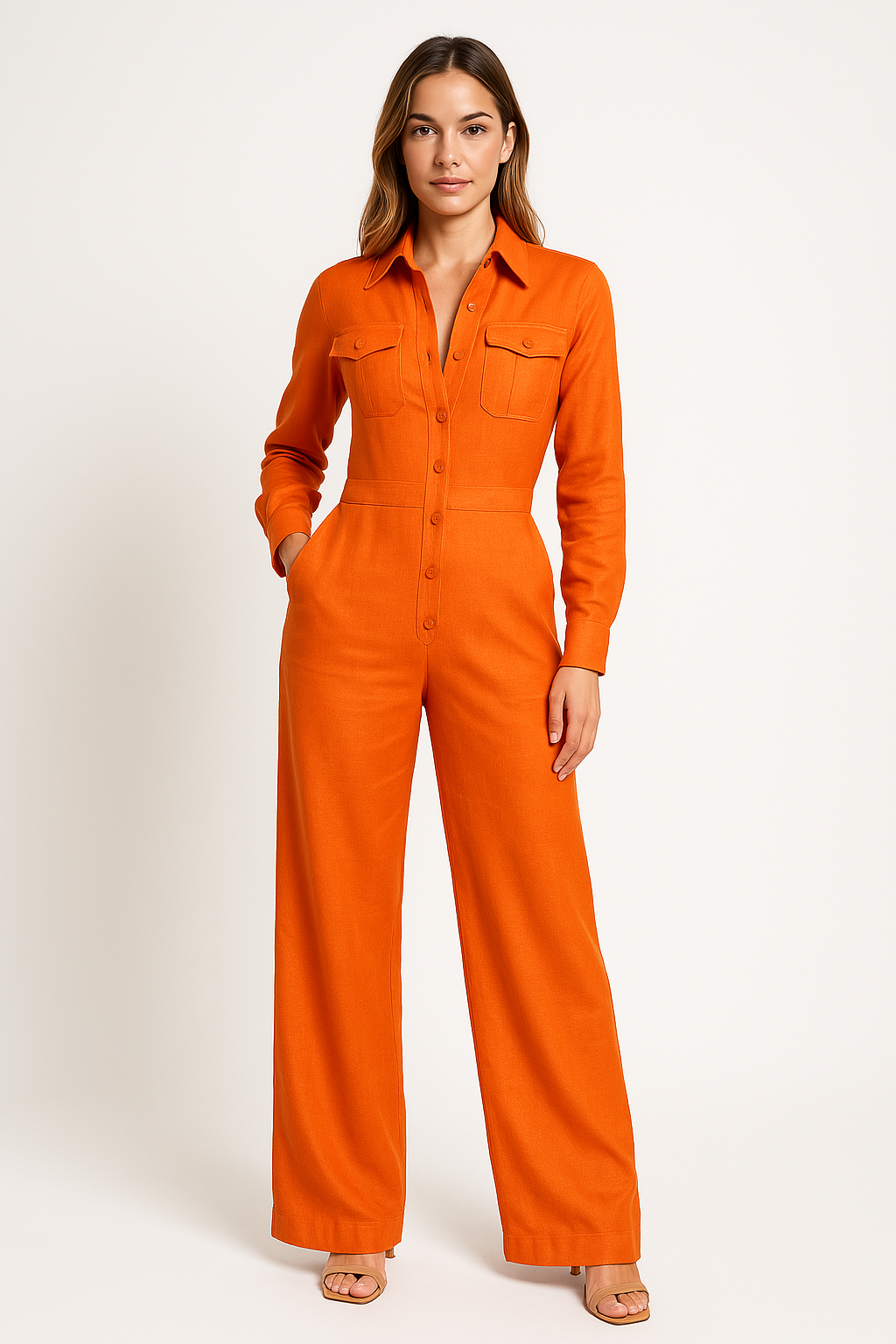 Women's Cotton Jumpsuit with Wide Legs and Button Front