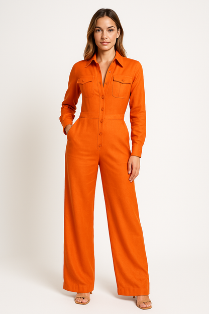 Women's Cotton Jumpsuit with Wide Legs and Button Front