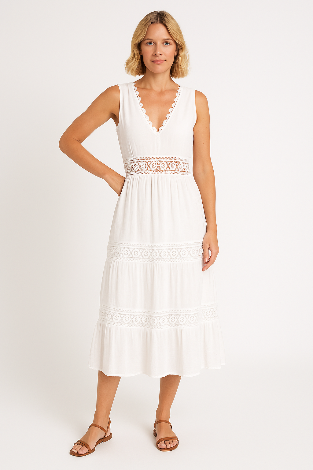 Women's Summer Lace Dress - Sleeveless V Neck Floral - Nocini