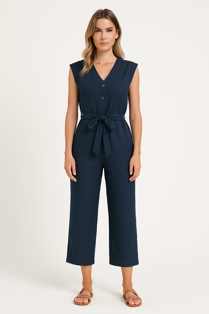 Women's V-Neck Sleeveless Jumpsuit with Belt - Nocini