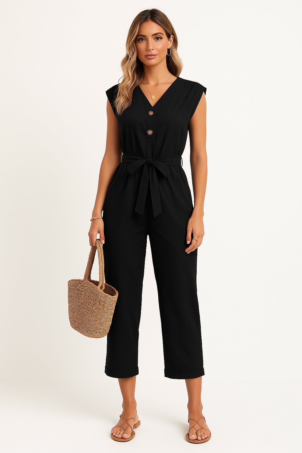 Women's V-Neck Sleeveless Jumpsuit with Belt