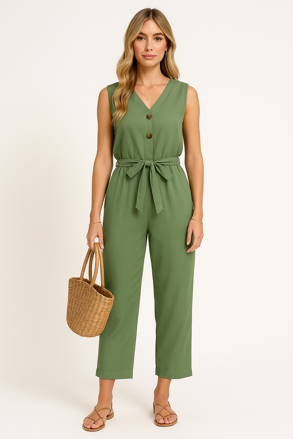 Women's V-Neck Sleeveless Jumpsuit with Belt