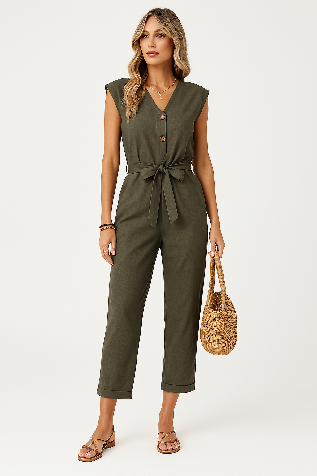 Women's V-Neck Sleeveless Jumpsuit with Belt
