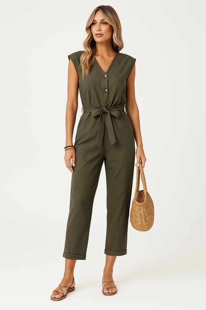 Women's V-Neck Sleeveless Jumpsuit with Belt