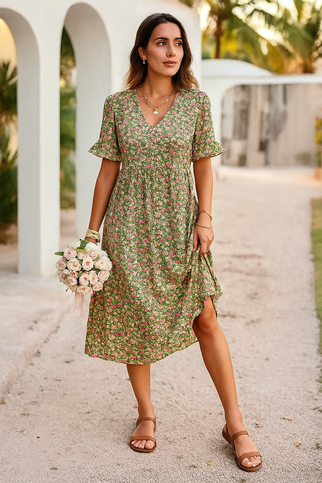 Casual V Neck Summer Dress with Ruffles