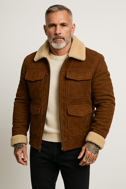 Warm Men's Shearling Coat with Zip Front Pockets - Nocini