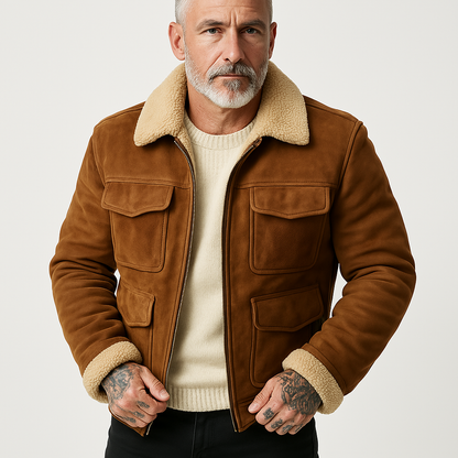 Warm Men's Shearling Coat with Zip Front Pockets