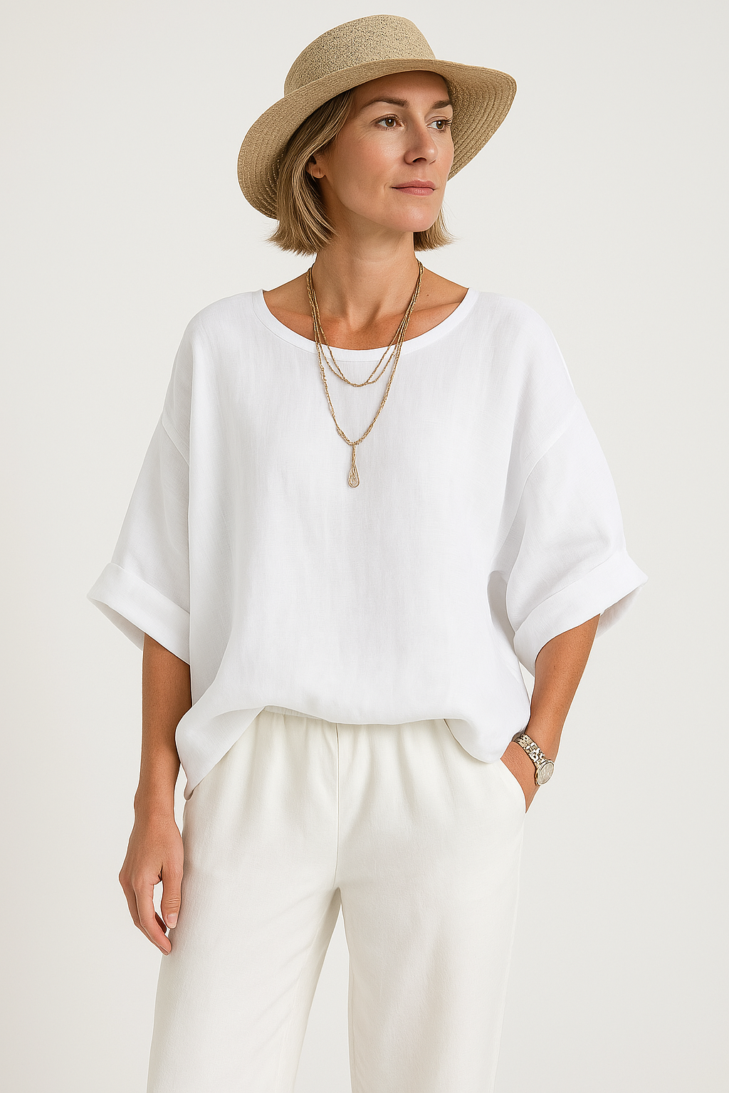 Relaxed Fit Women's Cotton Blouse with Elbow Sleeves - Nocini