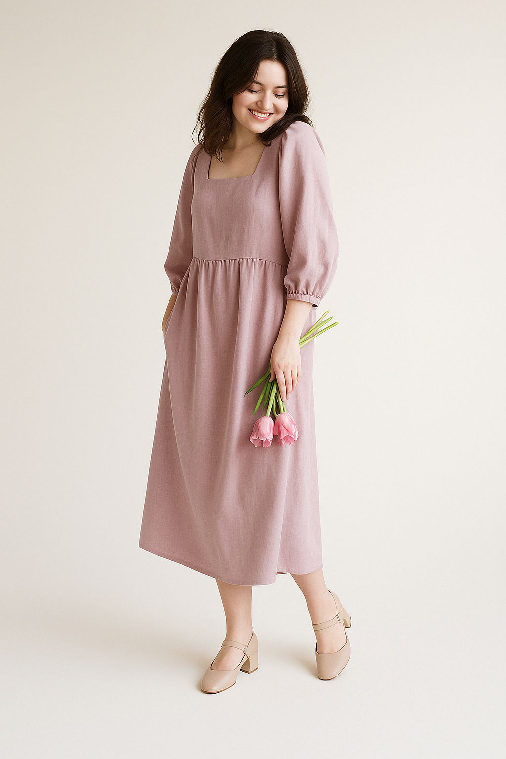 Comfortable Women's Cotton Midi Dress with Long Sleeves - Nocini