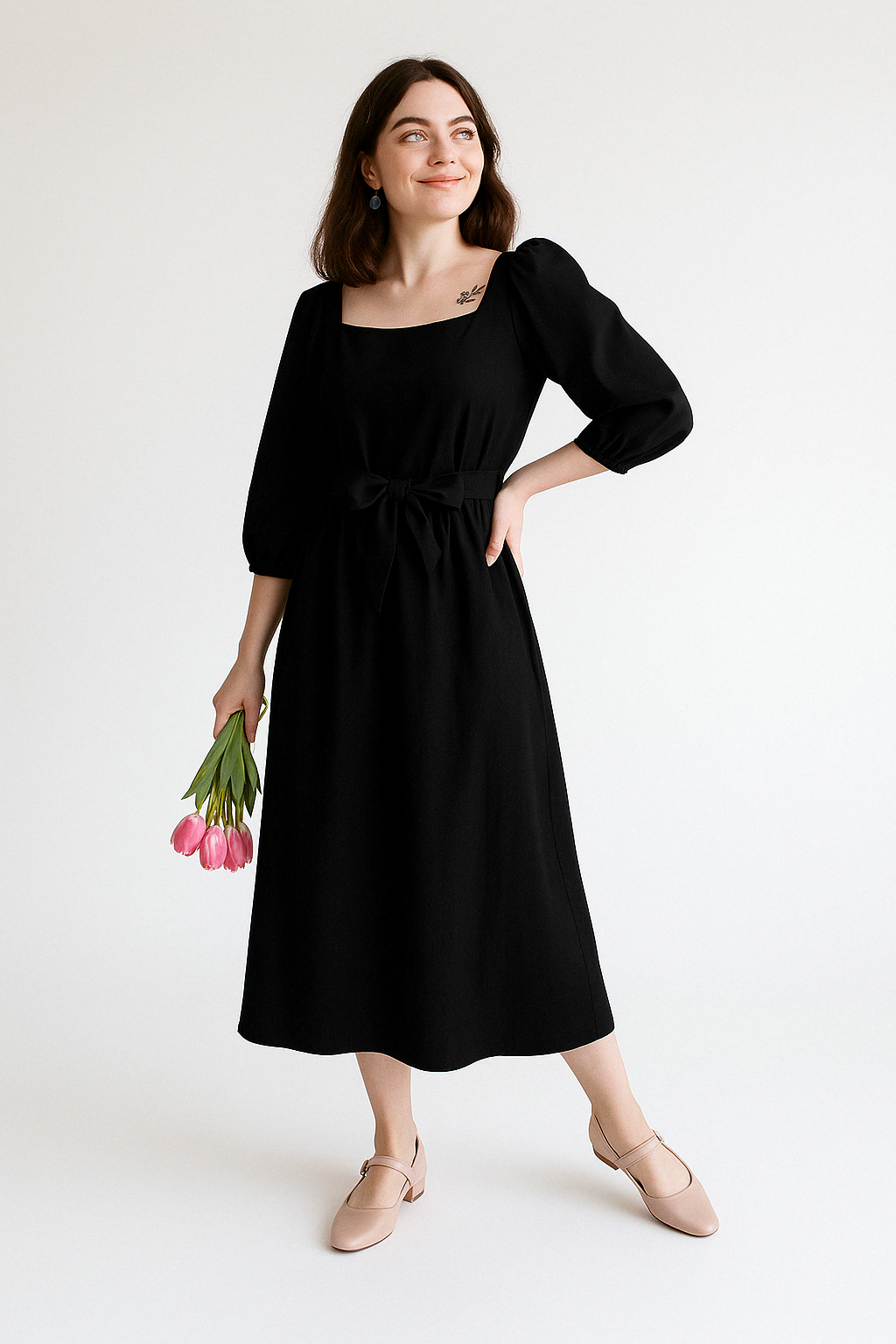 Comfortable Women's Cotton Midi Dress with Long Sleeves
