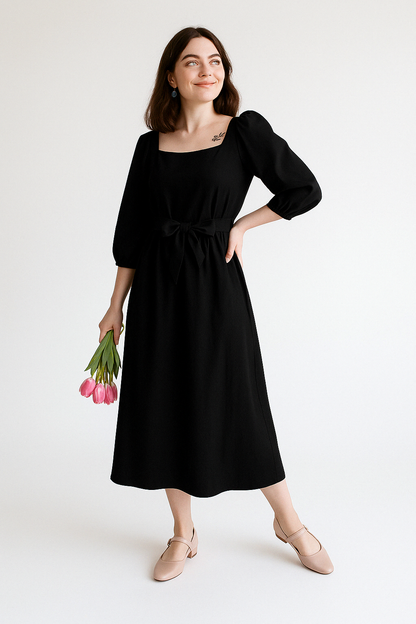 Comfortable Women's Cotton Midi Dress with Long Sleeves