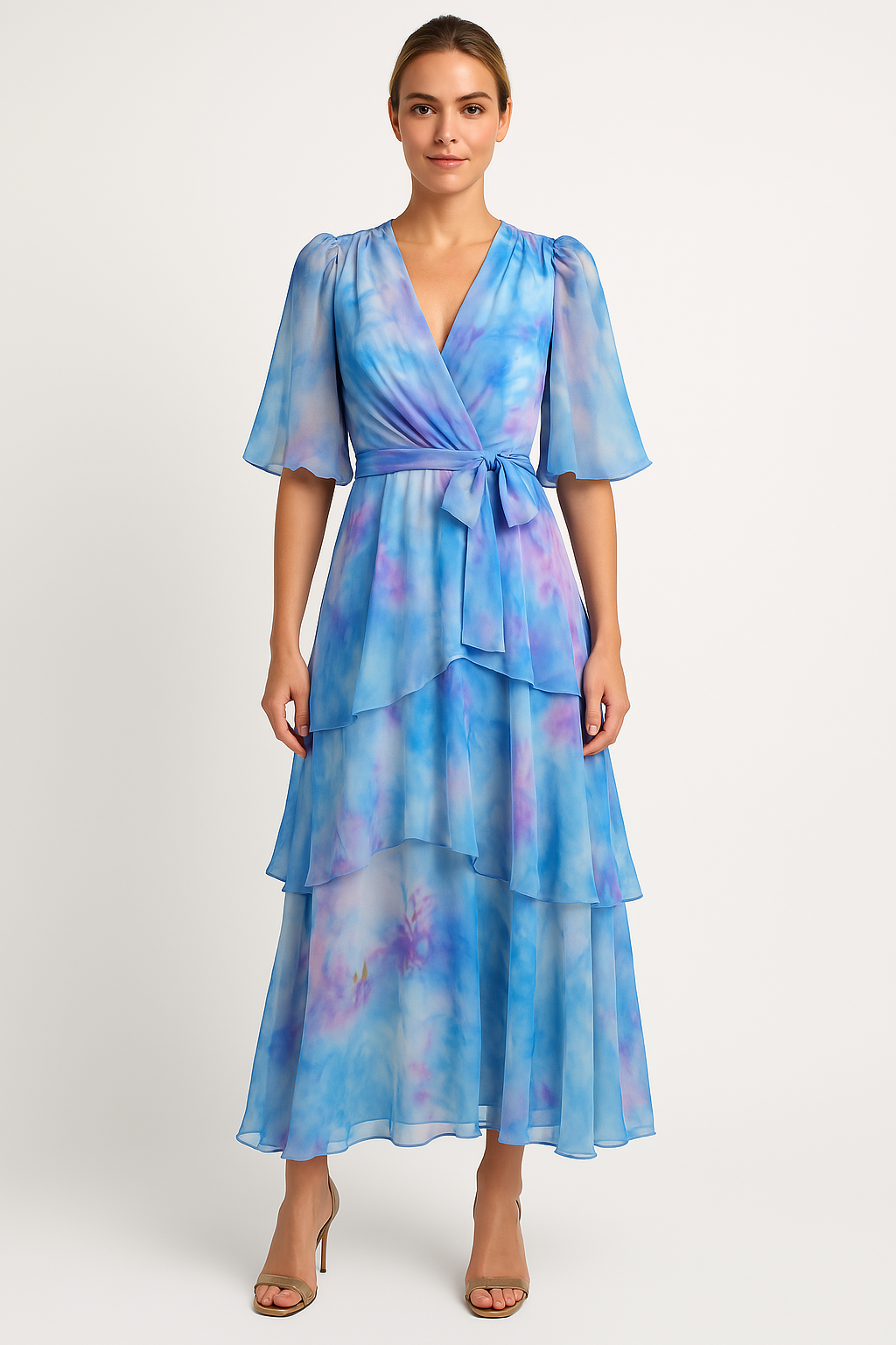 Women's Flowy Maxi Dress with Ruffles and Puff Sleeves - Nocini