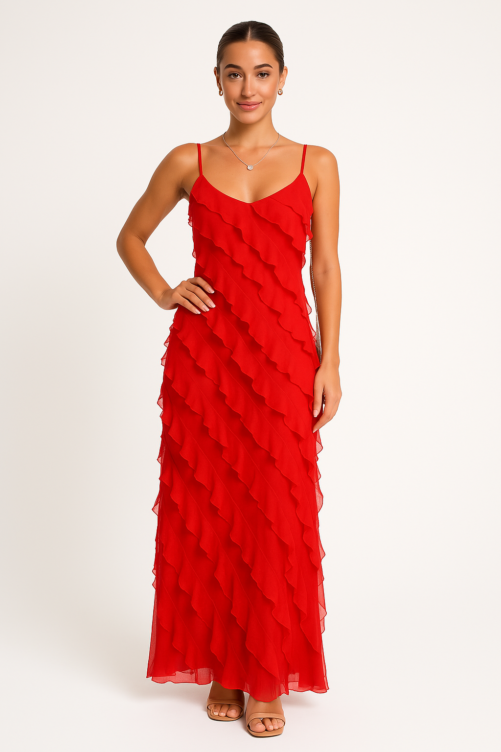 Elegant Long Dress with Thin Straps and Ruffles - Nocini