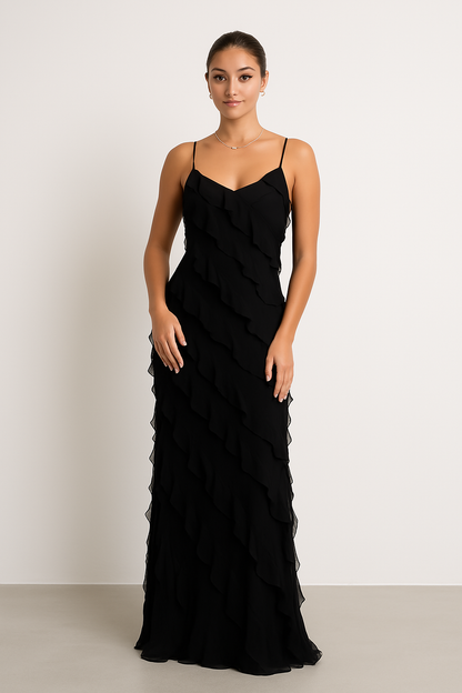 Elegant Long Dress with Thin Straps and Ruffles