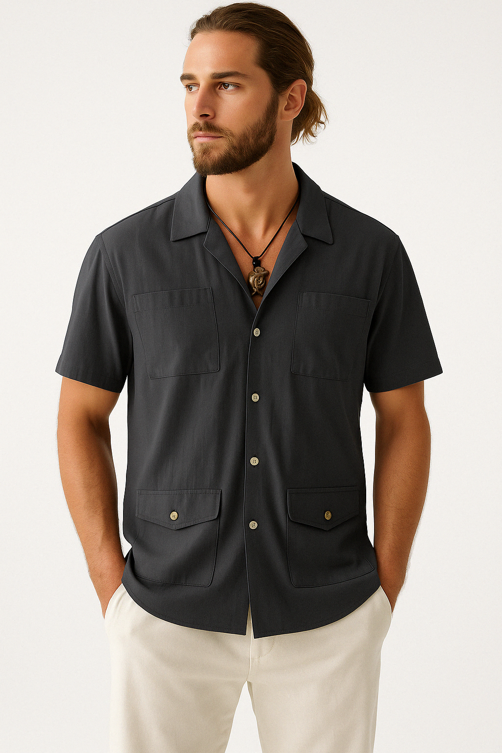 Casual Short Sleeve Shirt with 4 Pockets