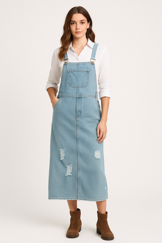 Casual Blue Jeans Dress with Adjustable Straps - Nocini