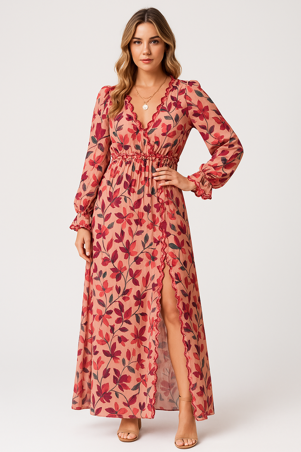 Flowy V-Neck Maxi Dress with Floral Print - Nocini