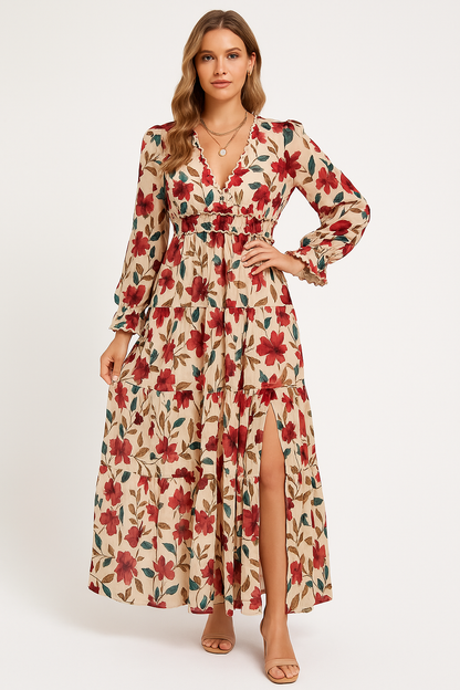 Flowy V-Neck Maxi Dress with Floral Print