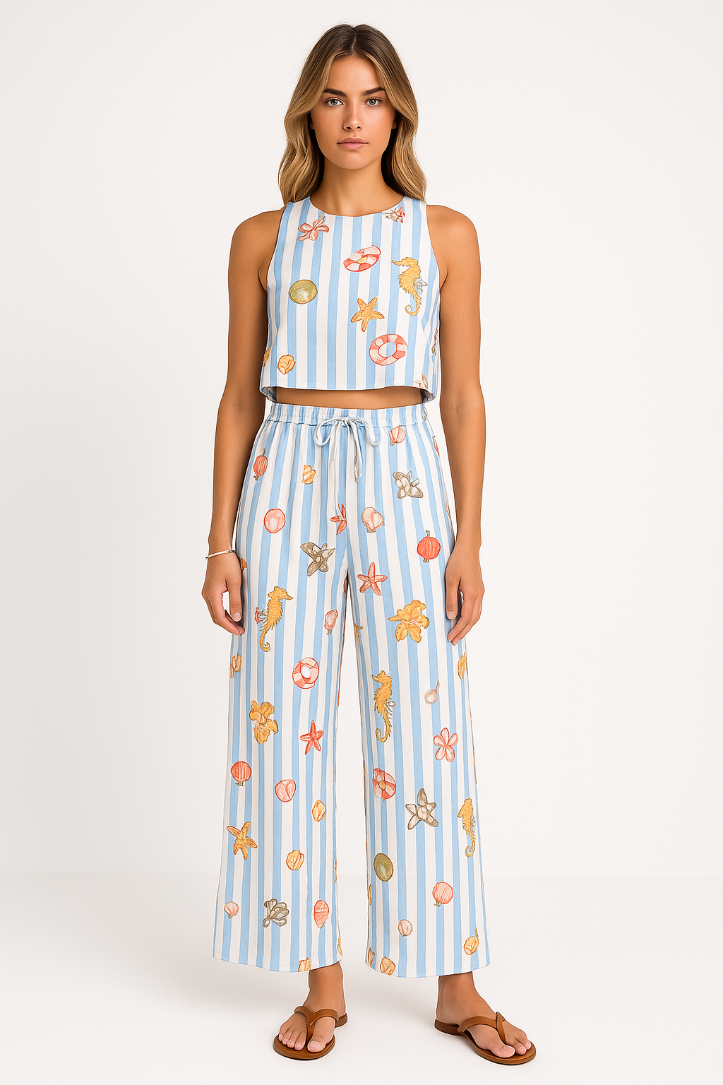 Casual Striped Linen Top and Pants Set - Nocini