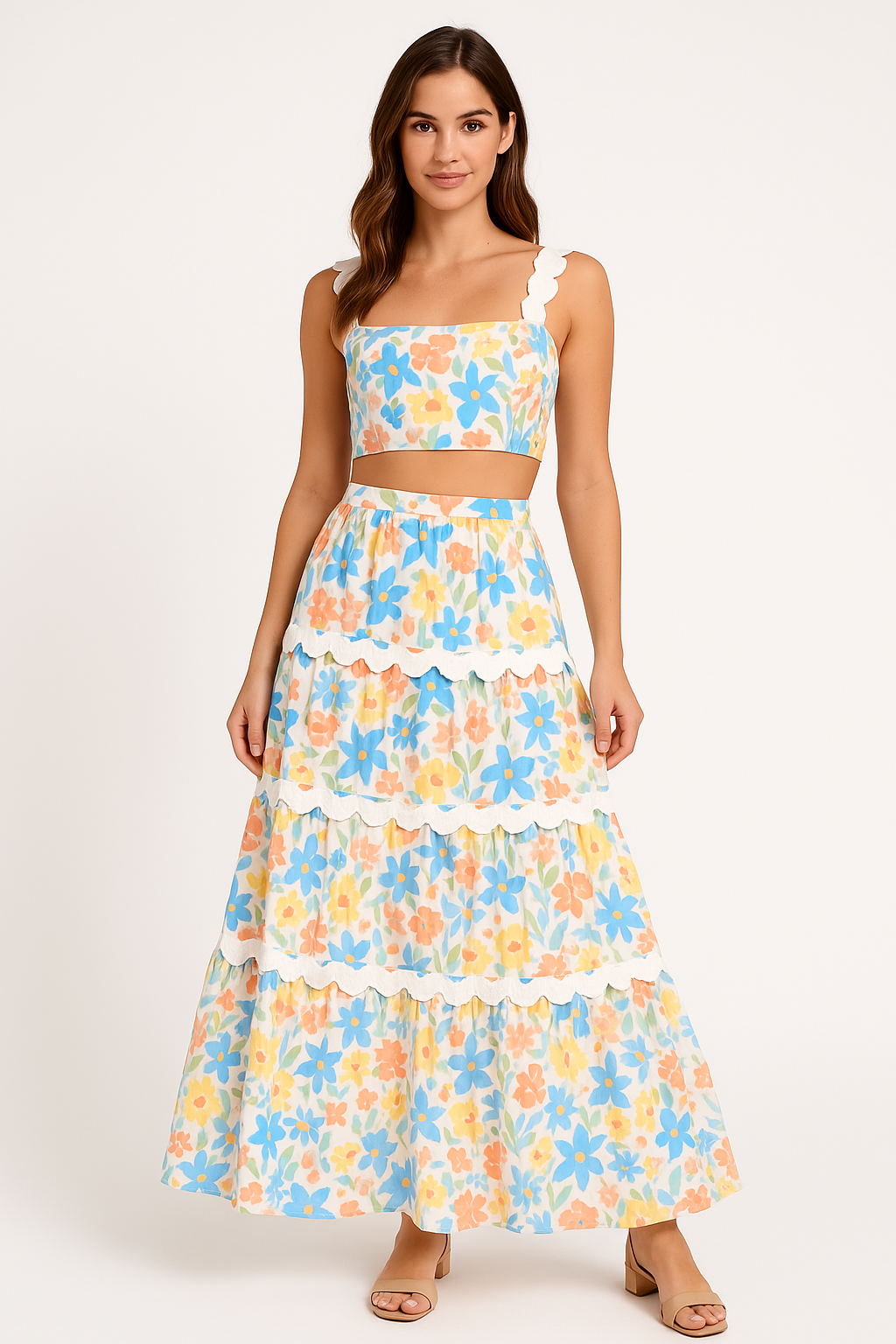 Ladies' 2-Piece Outfit - Lace Crop Top and Ruffled Skirt - Nocini