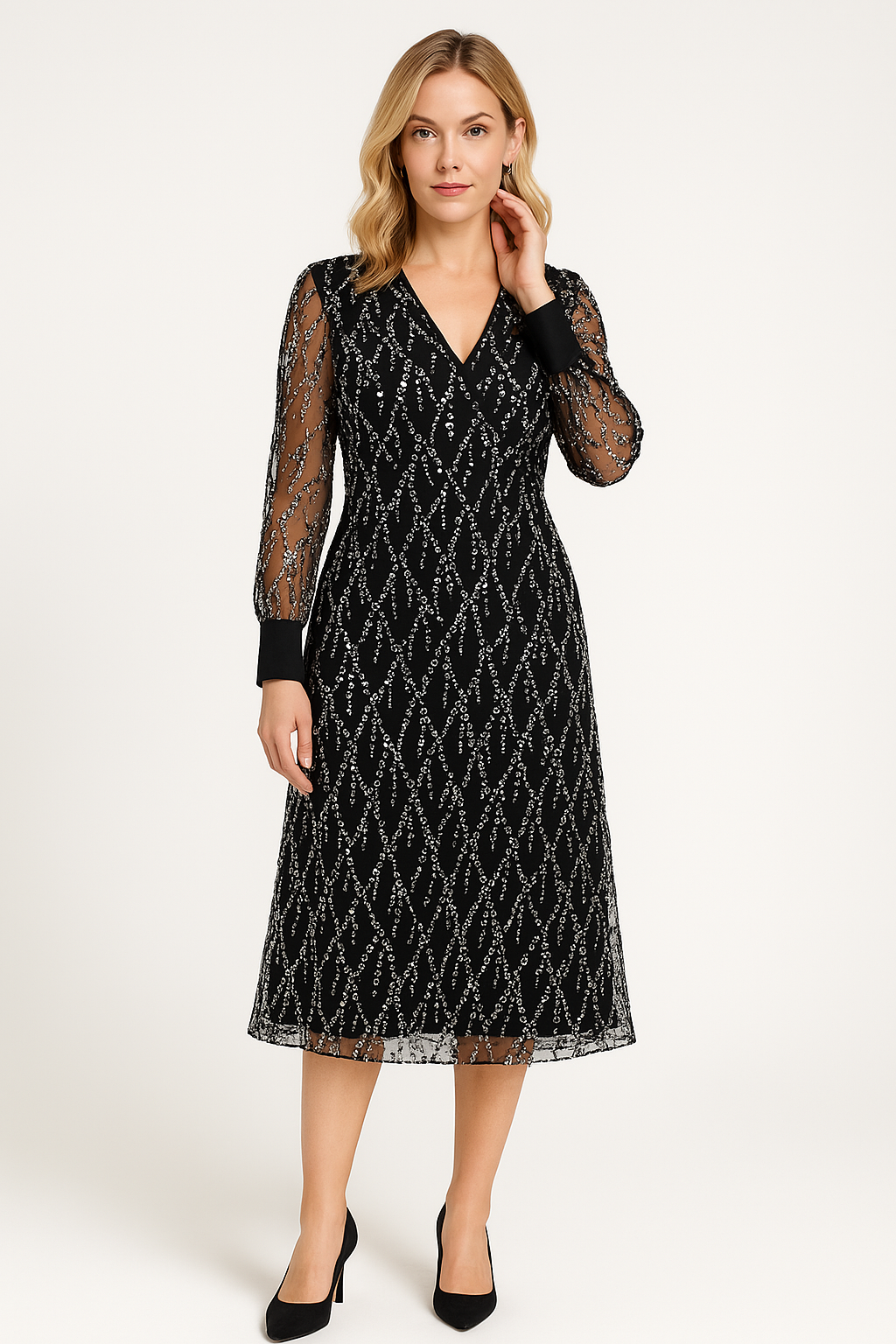 Women's Sparkly Maxi Dress with Fringe V Neck - Nocini