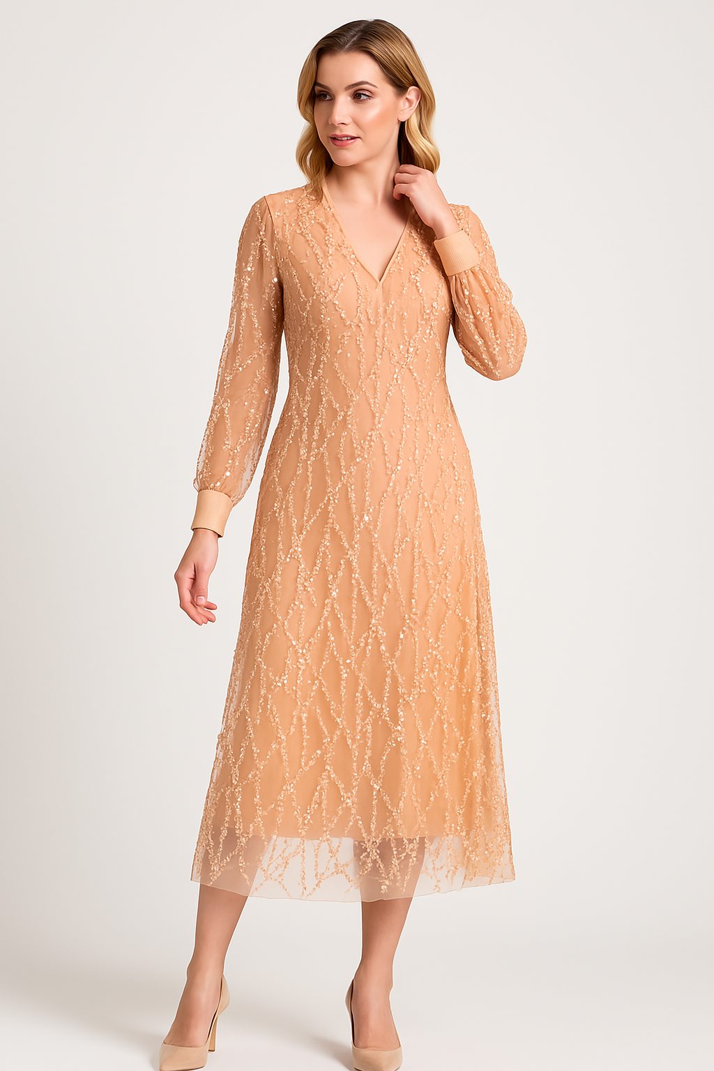 Women's Sparkly Maxi Dress with Fringe V Neck