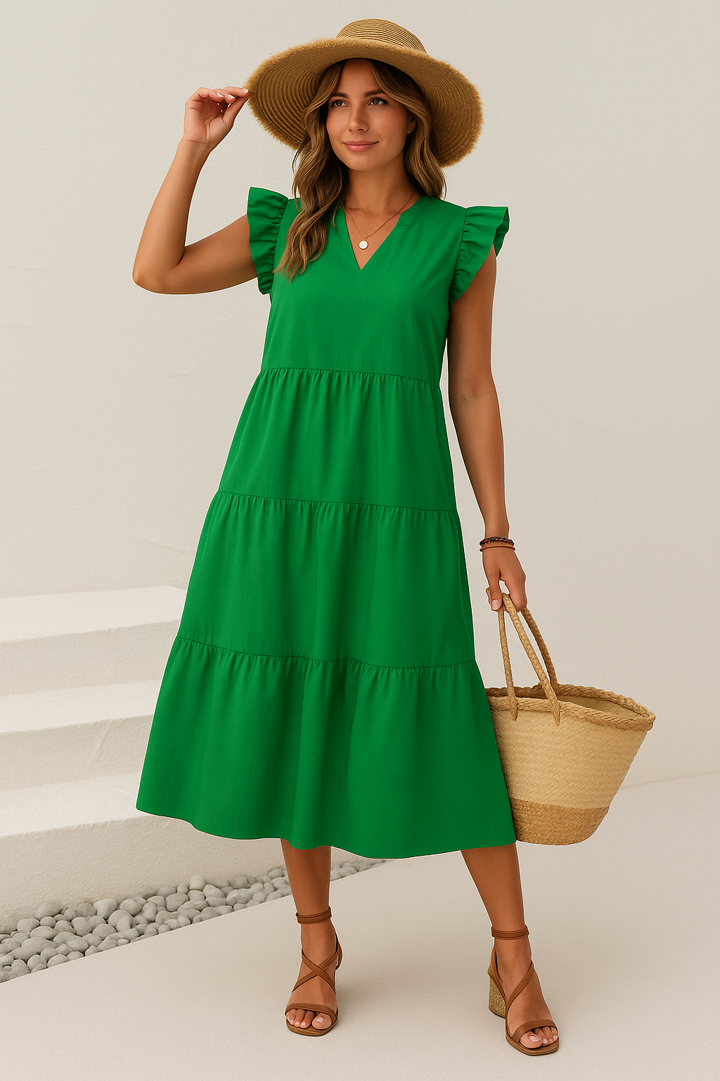 Casual V Neck Short Sleeve Ruffle Dress - Nocini
