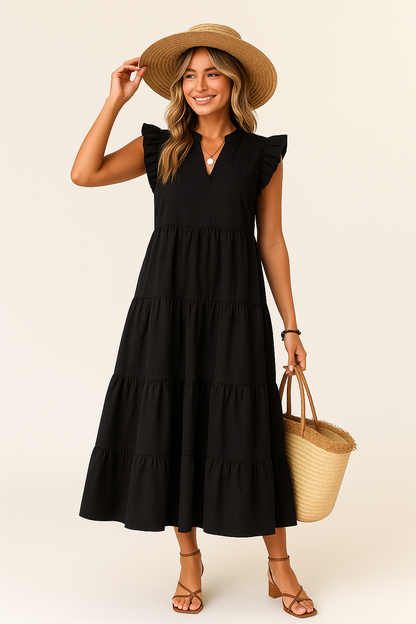 Casual V Neck Short Sleeve Ruffle Dress