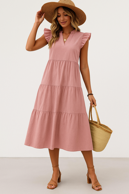 Casual V Neck Short Sleeve Ruffle Dress