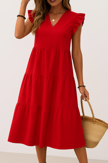 Casual V Neck Short Sleeve Ruffle Dress