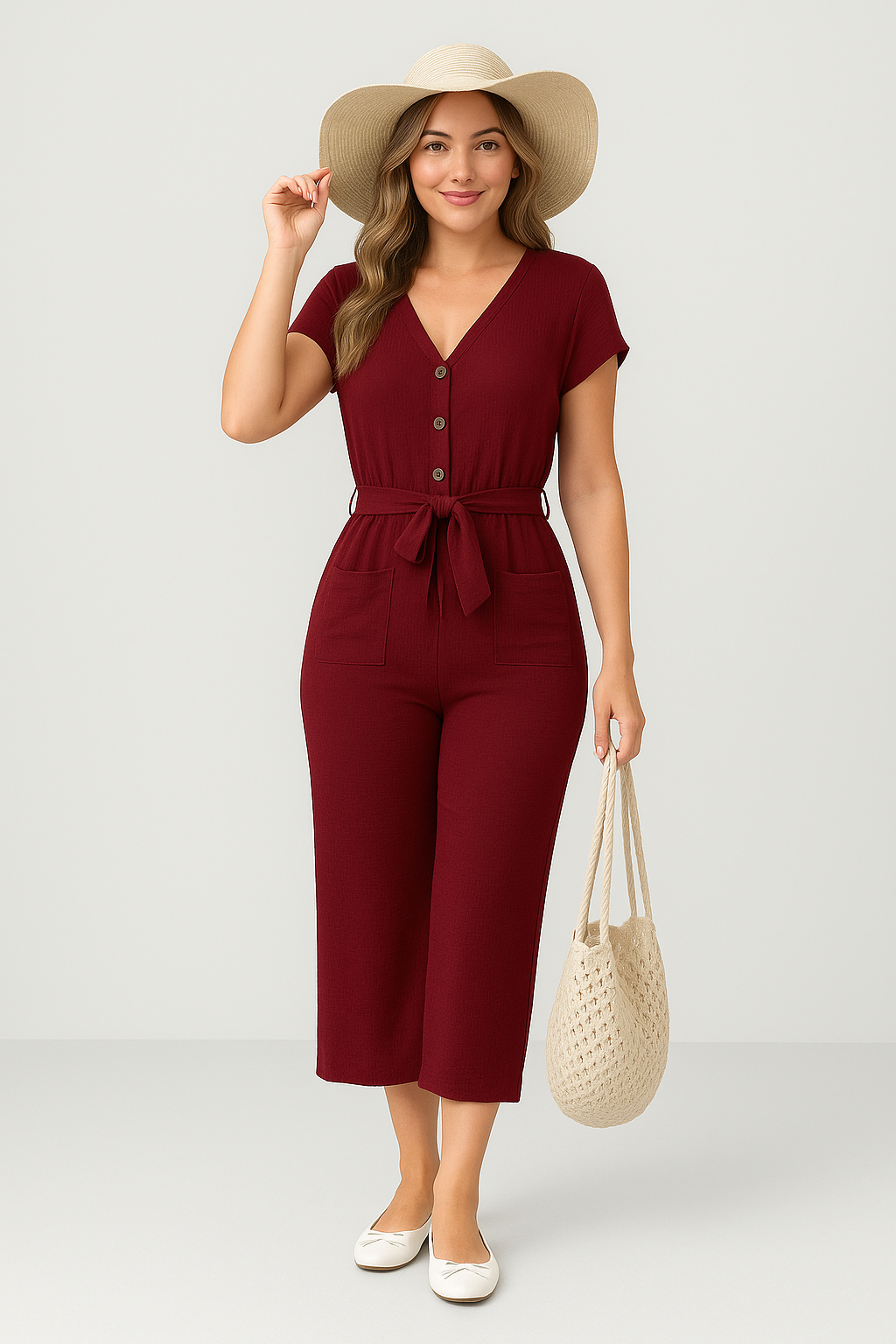 Loose Fit Women's Jumpsuit with Short Sleeves and Belted Waist