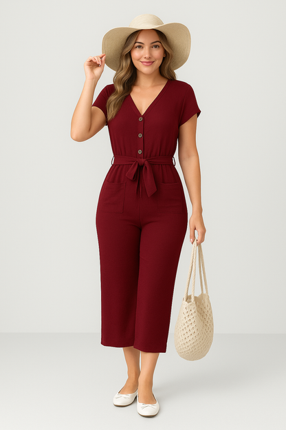 Loose Fit Women's Jumpsuit with Short Sleeves and Belted Waist