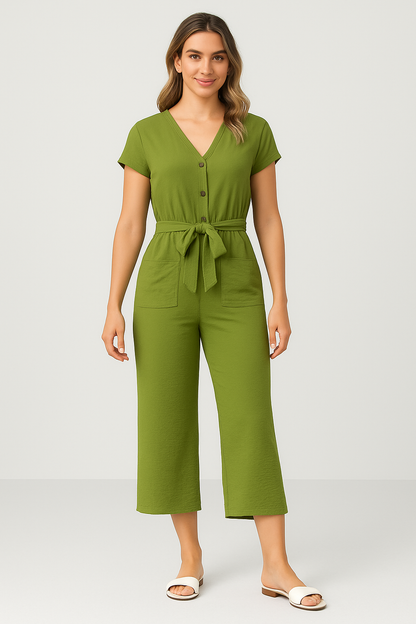Loose Fit Women's Jumpsuit with Short Sleeves and Belted Waist