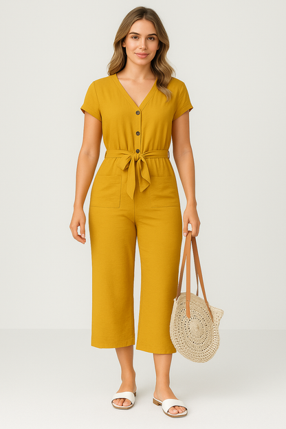 Loose Fit Women's Jumpsuit with Short Sleeves and Belted Waist