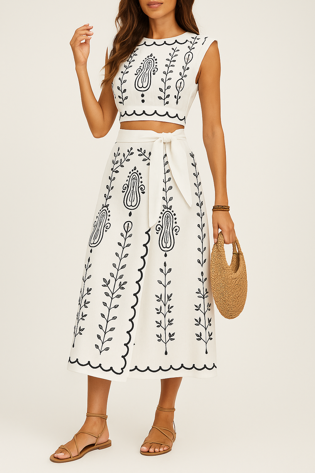 Summer 2 Piece Outfit - Sleeveless Top and Midi Skirt - Nocini