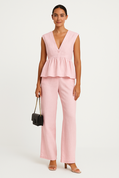 Women's Summer 2 Piece Outfit V Neck Top Loose Pants - Nocini