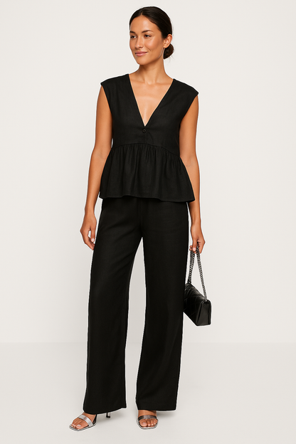 Women's Summer 2 Piece Outfit V Neck Top Loose Pants