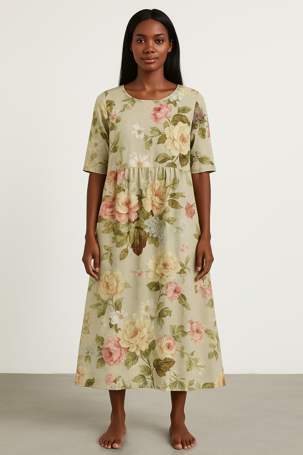 Ladies Beige Mid Length Dress - Olytrend