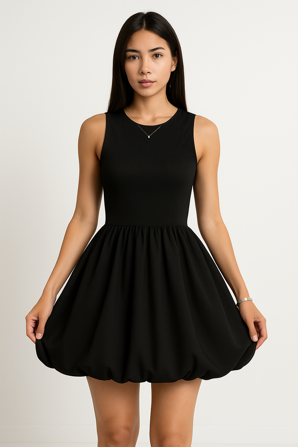 Women's Sleeveless Ruffle Mini Dress with Round Neck - Nocini