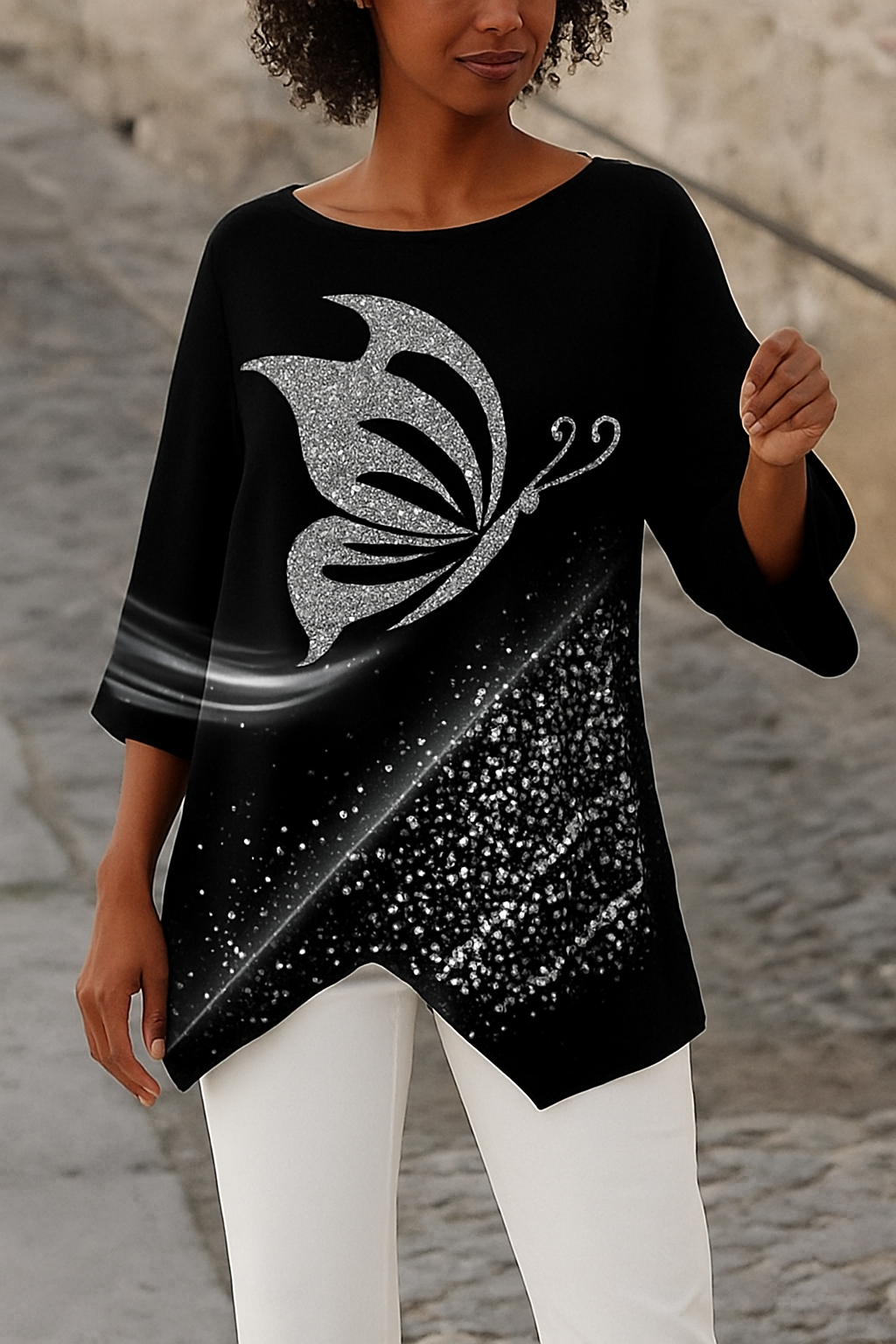 Ladies Floral Print Top with Round Neckline Long Sleeves - Olytrend