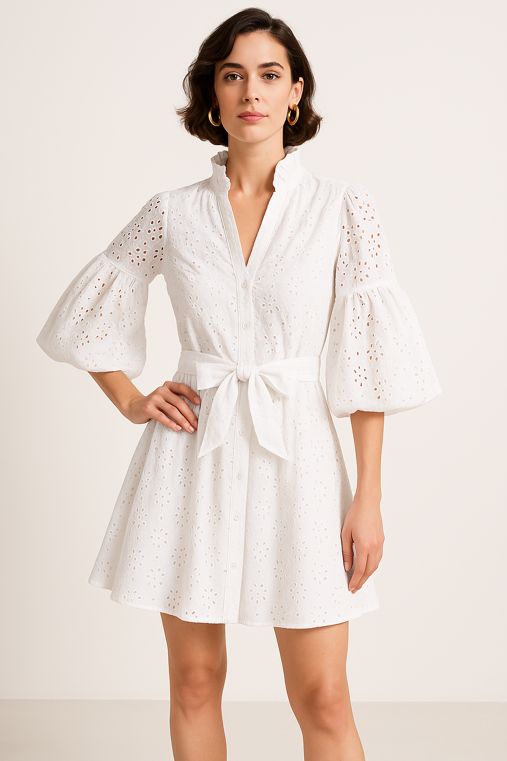 Classic Cotton Lace Dress with Puff Sleeves - Nocini