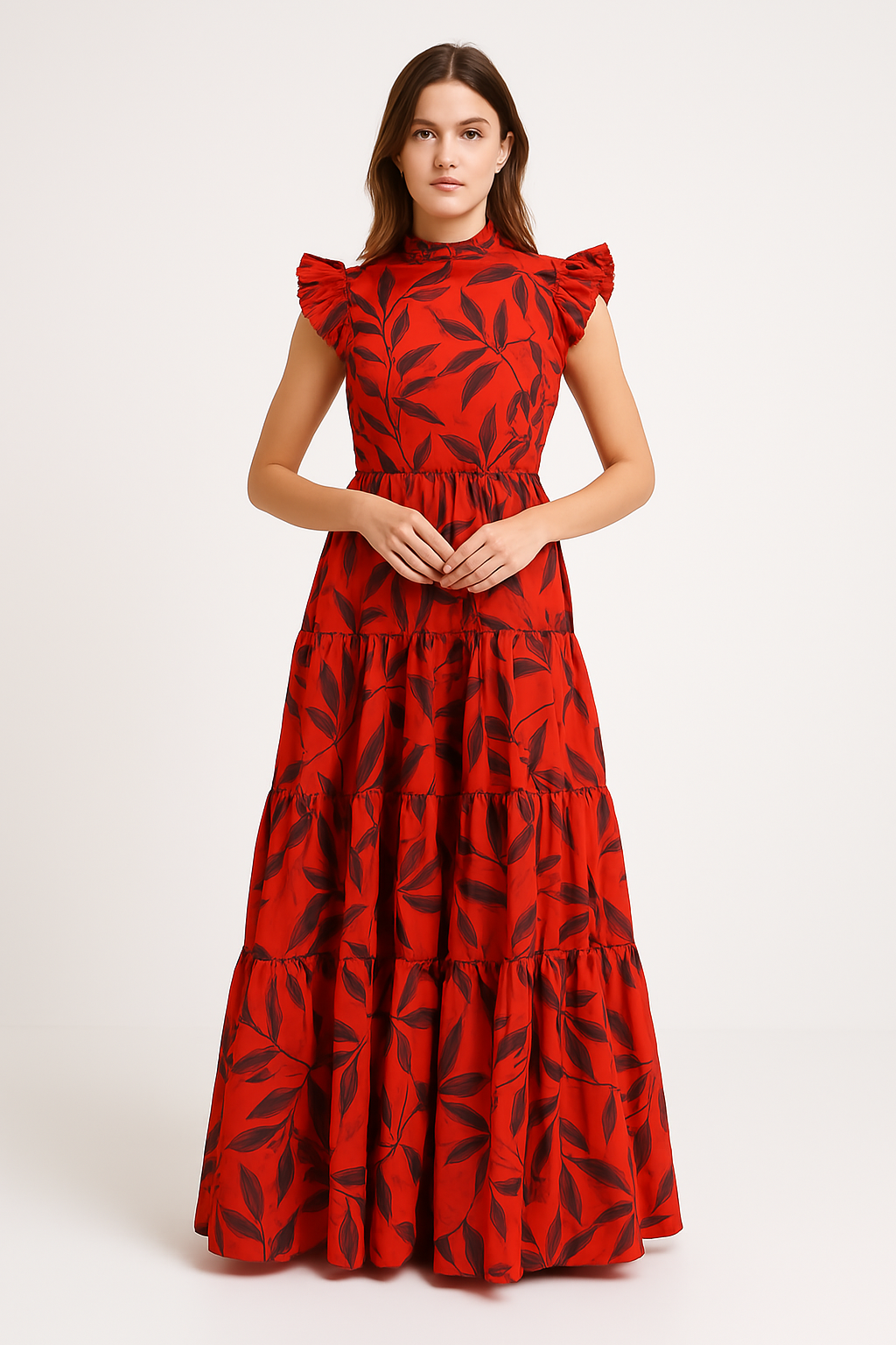 Loose Fit Floral Maxi Dress with Ruffles and Waist Detail - Nocini