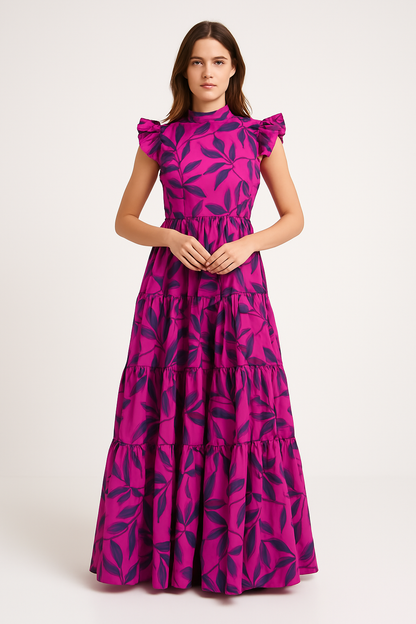 Loose Fit Floral Maxi Dress with Ruffles and Waist Detail