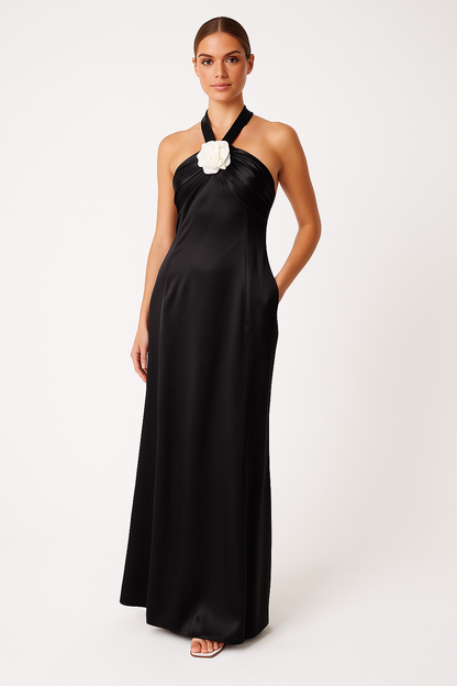 Elegant Women's Long Evening Gown with Floral Detail